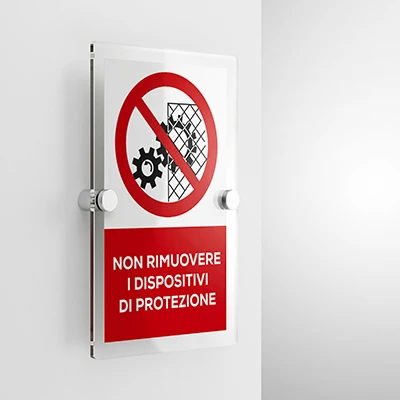 Cartello non rimuovere i dispositivi di protezione con testo mod. verticale