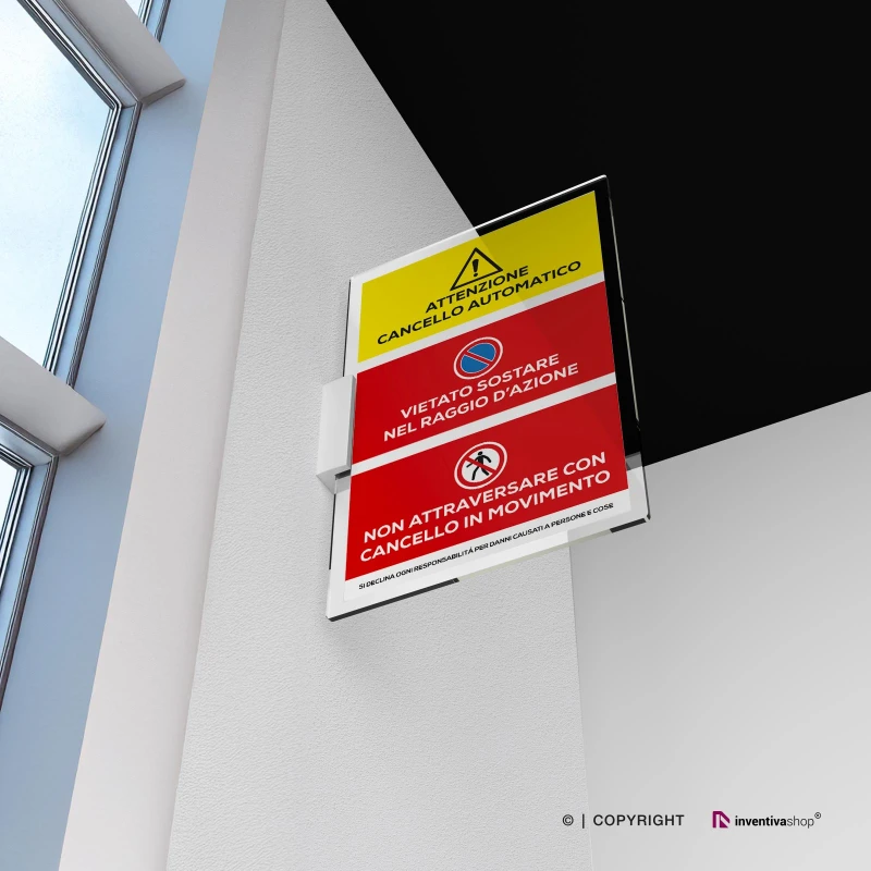 Cartello attenzione cancello automatico, vietato sostare e attraversare mod. verticale