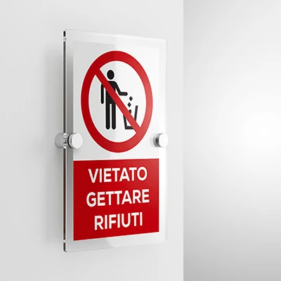 Cartello vietato gettare rifiuti con testo mod. verticale