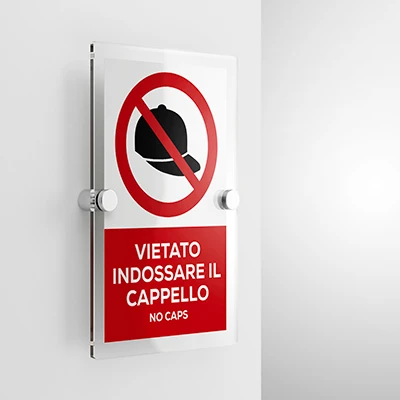 Cartello vietato indossare il cappello con testo mod. verticale