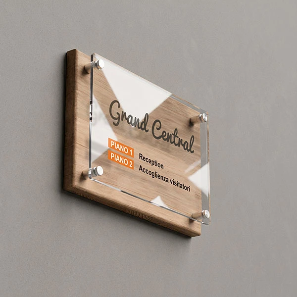 Targa ufficio in legno e plexiglass