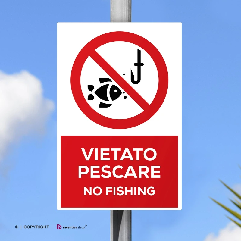 Cartello vietato pescare con testo mod. verticale