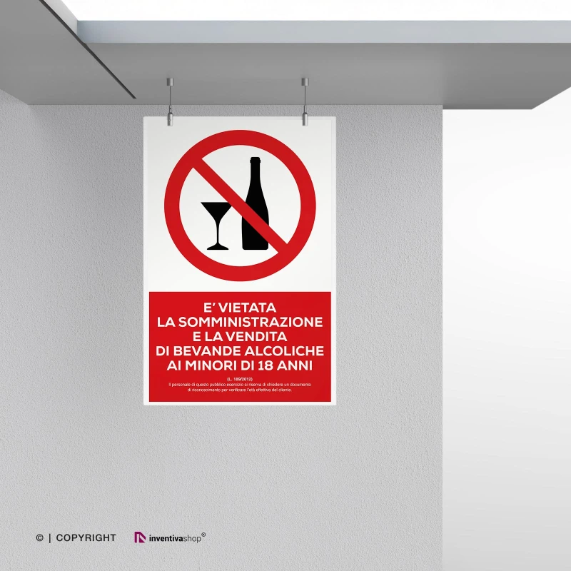 Cartello vietati alcolici ai minori con testo mod. verticale