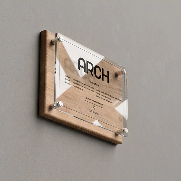 Targa orario ufficio in legno e plexiglass