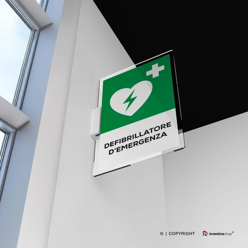 Cartello defibrillatore d'emergenza con testo mod. verticale