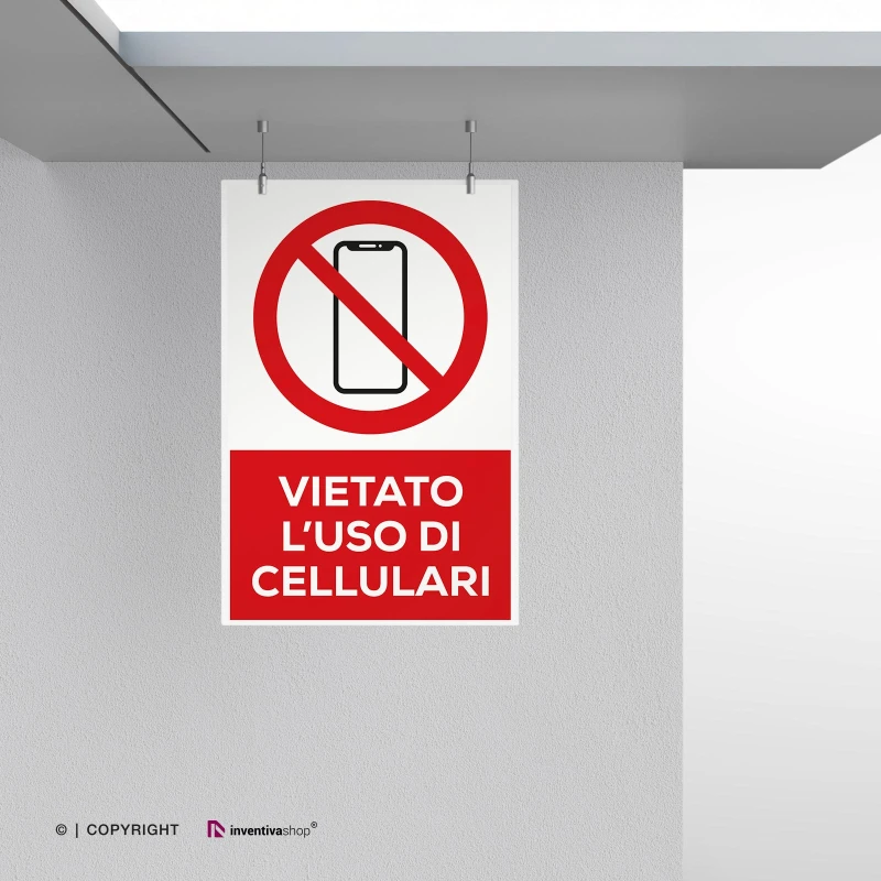 Cartello vietato l'uso di cellulari con testo mod. verticale