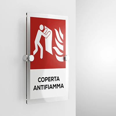 Cartello coperta antifiamma con testo mod. verticale