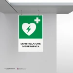 Cartello defibrillatore d'emergenza con testo mod. verticale