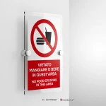 Cartello vietato mangiare o bere in quest'area con testo mod. verticale