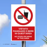 Cartello vietato mangiare o bere in quest'area con testo mod. verticale