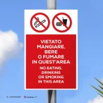 Cartello vietato mangiare, bere o fumare in quest'area con testo mod. verticale