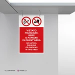 Cartello vietato mangiare, bere o fumare in quest'area con testo mod. verticale