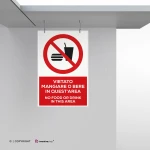 Cartello vietato mangiare o bere in quest'area con testo mod. verticale